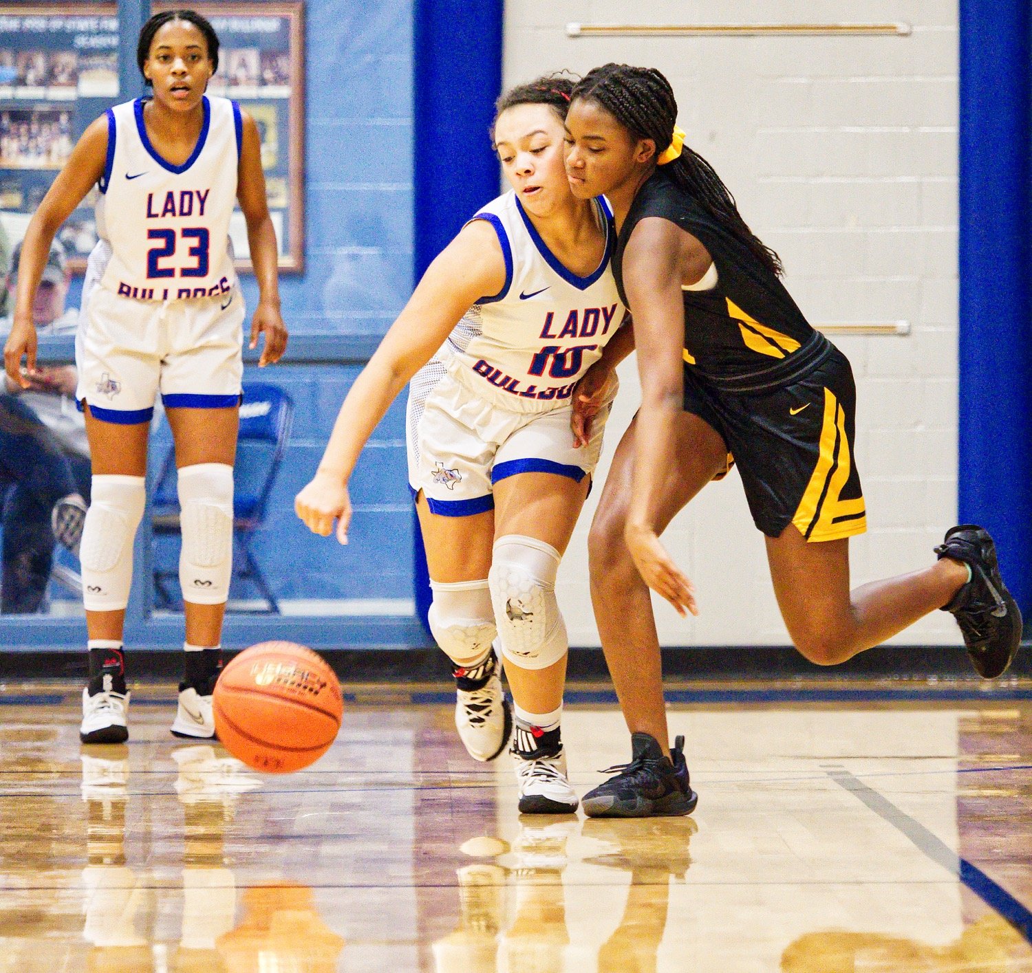 Ashley Davis steals the ball away from the Ladycat ball handler. [see how the Lady Dawgs dominated]